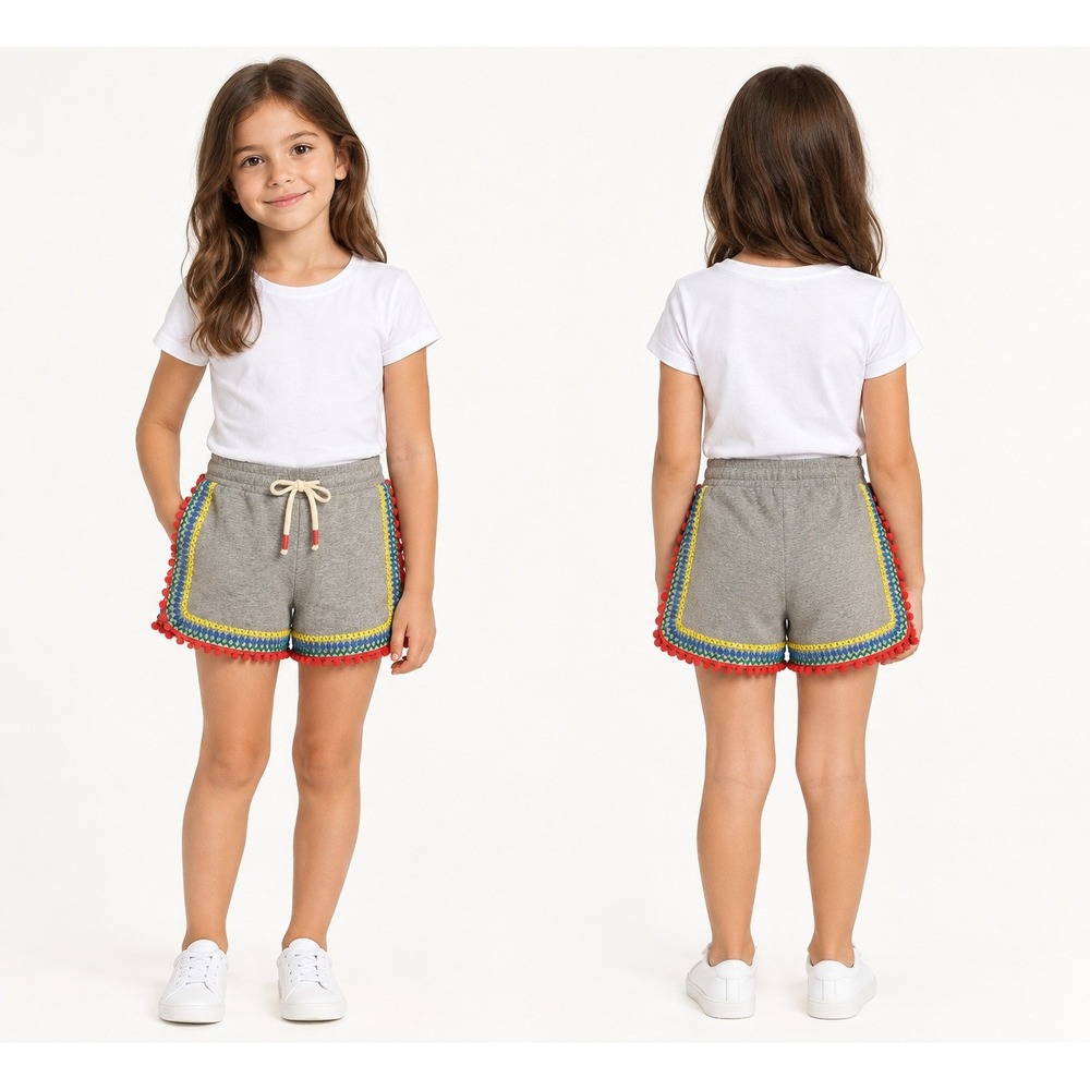 Boden Shorts Kids Size 6Y Gray Excellent Pom Pom Trim Embroidered Jersey